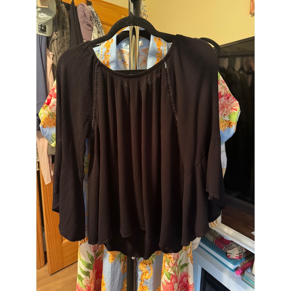 INC International Concepts Black Bell Sleeve Crochet Trim Rayon Blouse Large